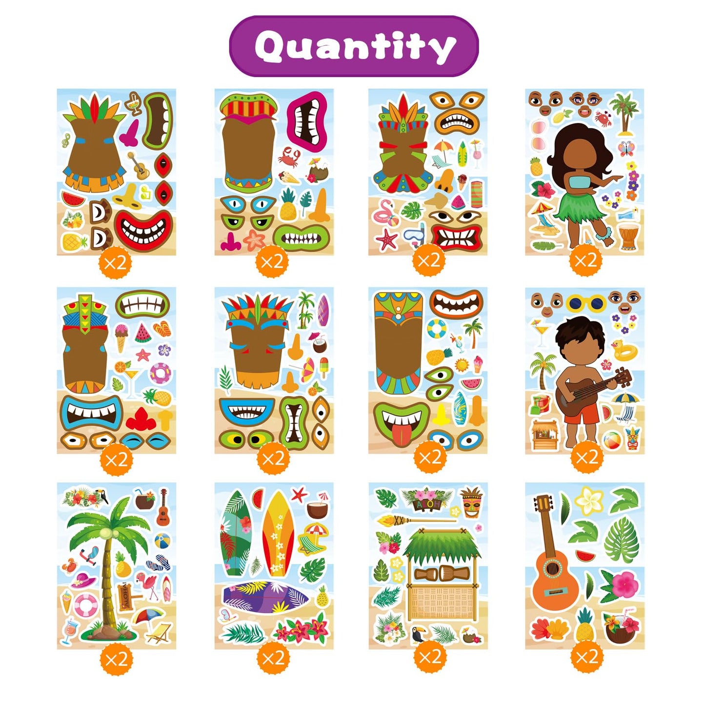 24 Sheets Summer Stickers, Hawaii Make A Face Sticker, Make Your Own Beach Tropical Cartoon Mix And Match Stickersaloha Tiki Tot