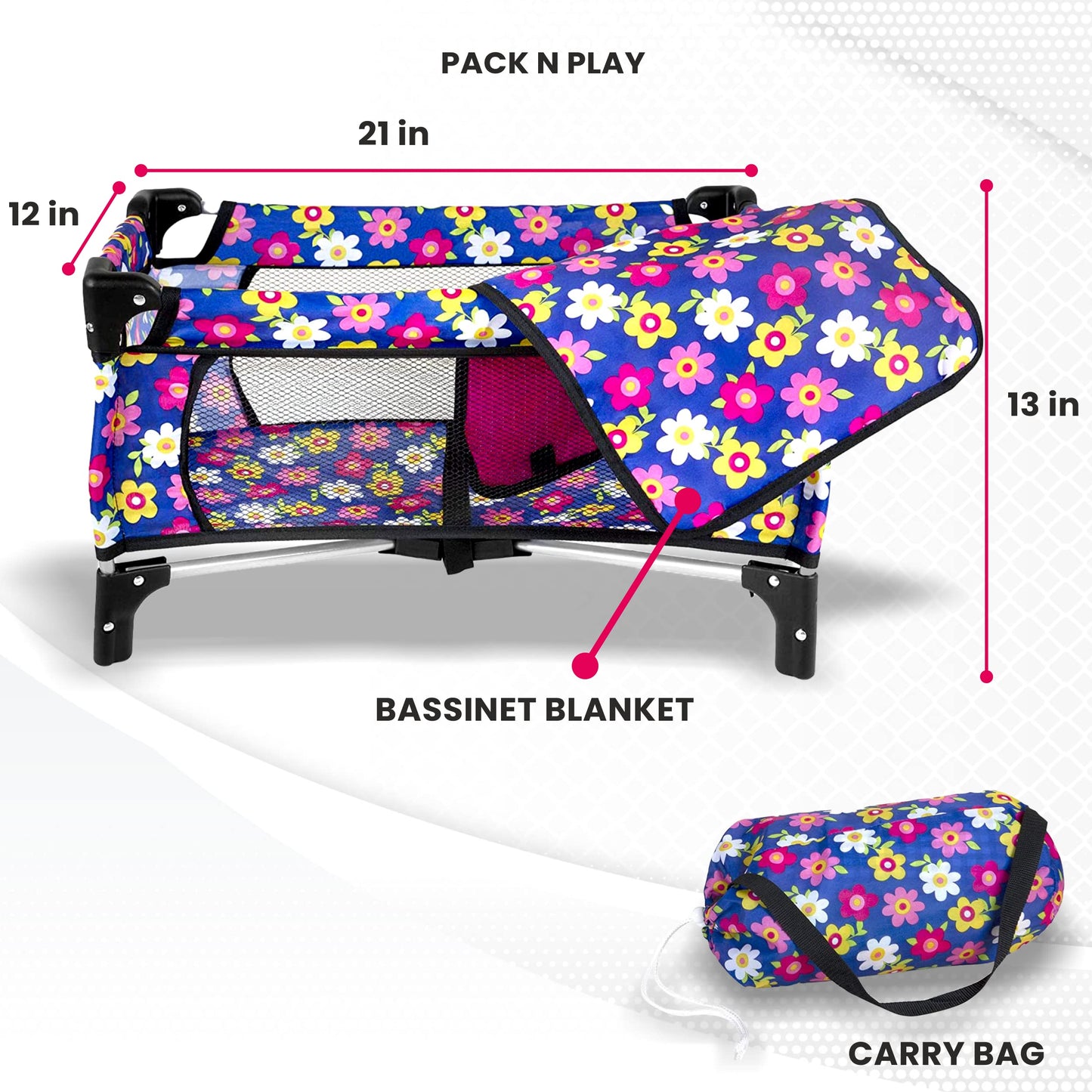 Baby Doll Crib Set, Doll Pack N Play Bassinet Blanket & Carry Bag For Baby Doll Playpen Fits Up To 20' In Doll | Allows For Easy Compact Folding For Storage Toy Crib Doll, Excellent Pretend Play Gift