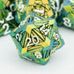 ORIFANTOU 7PCS Metal DND Dice Set with Box, Debris RPG Green Yellow D and D Dice for use with D&D Tabletop Games Role Playing Ga
