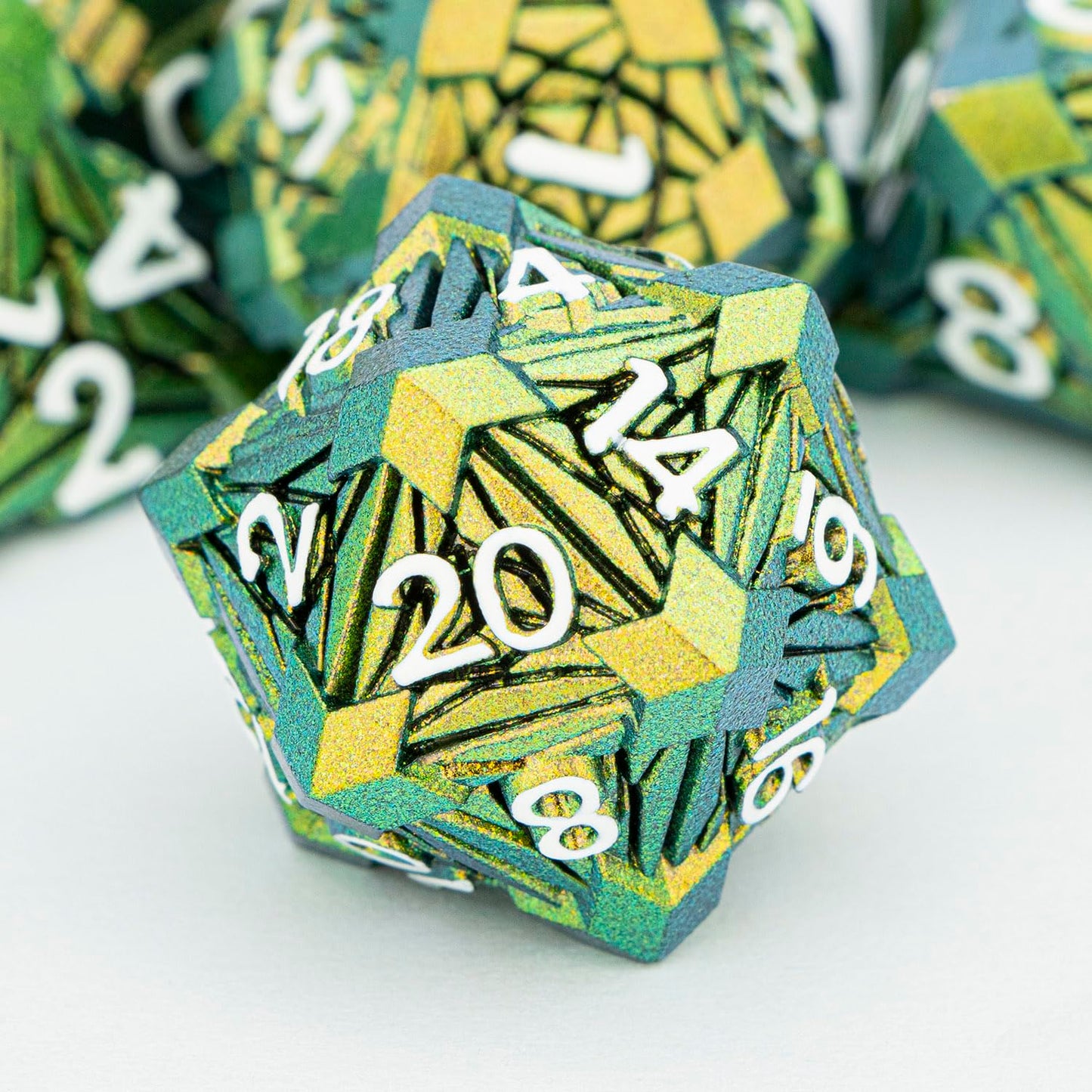 ORIFANTOU 7PCS Metal DND Dice Set with Box, Debris RPG Green Yellow D and D Dice for use with D&D Tabletop Games Role Playing Ga