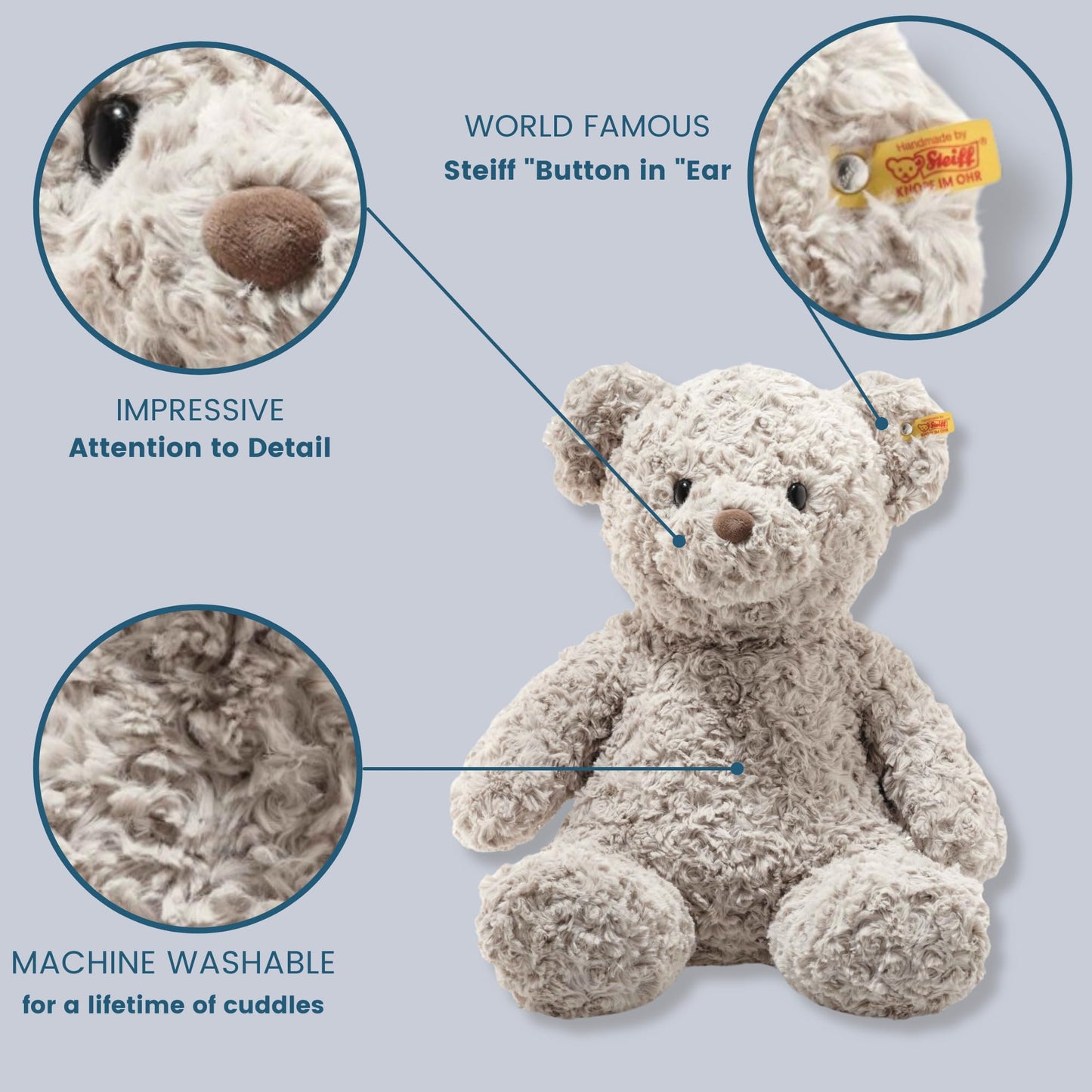 Steiff Honey Teddy Bear Plush Toy, 19" Soft Cuddly Gray Stuffed Animal, Model 113482, Perfect for Kids and Collectors