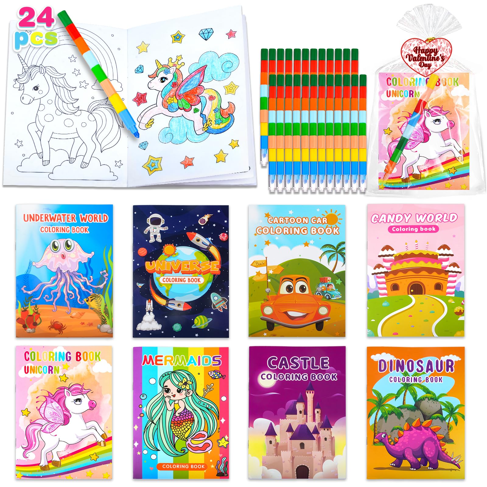 digi Valentines Day Gifts for Kids, 24 Pack Coloring Books for Kids with Colorful Valentines Day Cards, Classroom Exchange Party