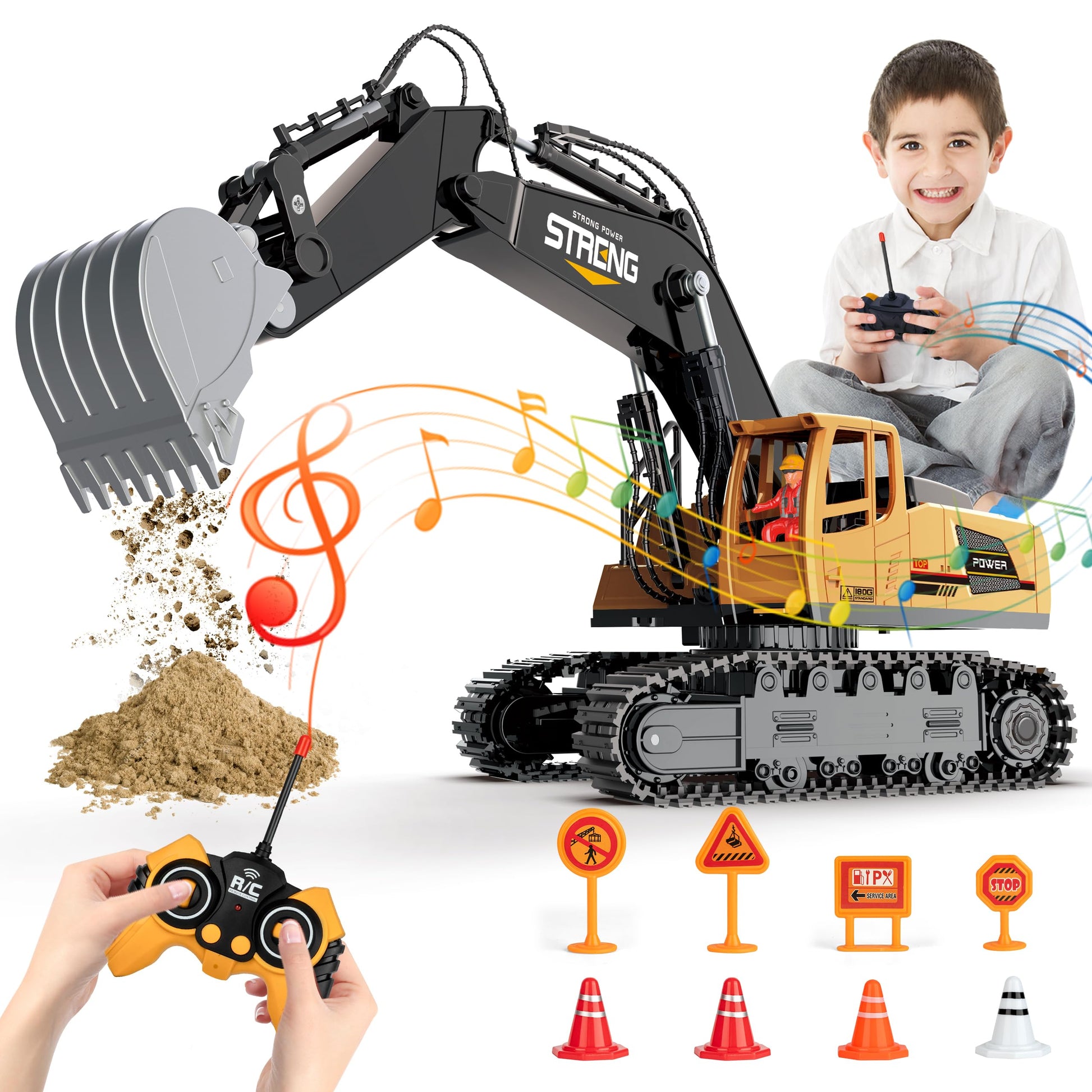 Remote-Control Excavator Toy for Boys Age 3-12 Year Old - 1/18 Scale RC Construction-Excavators Toys with 360 Rotation Metal Sho