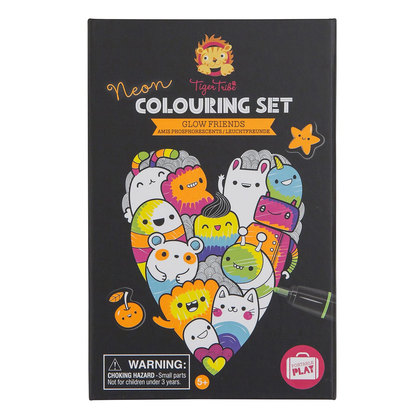 Tiger Tribe Neon Coloring Set - Glow Friends - Black Paper Art - Take Along Travel Kit - All Supplies Included - Easy Clean Up And Storage - Ages 5+ 60329
