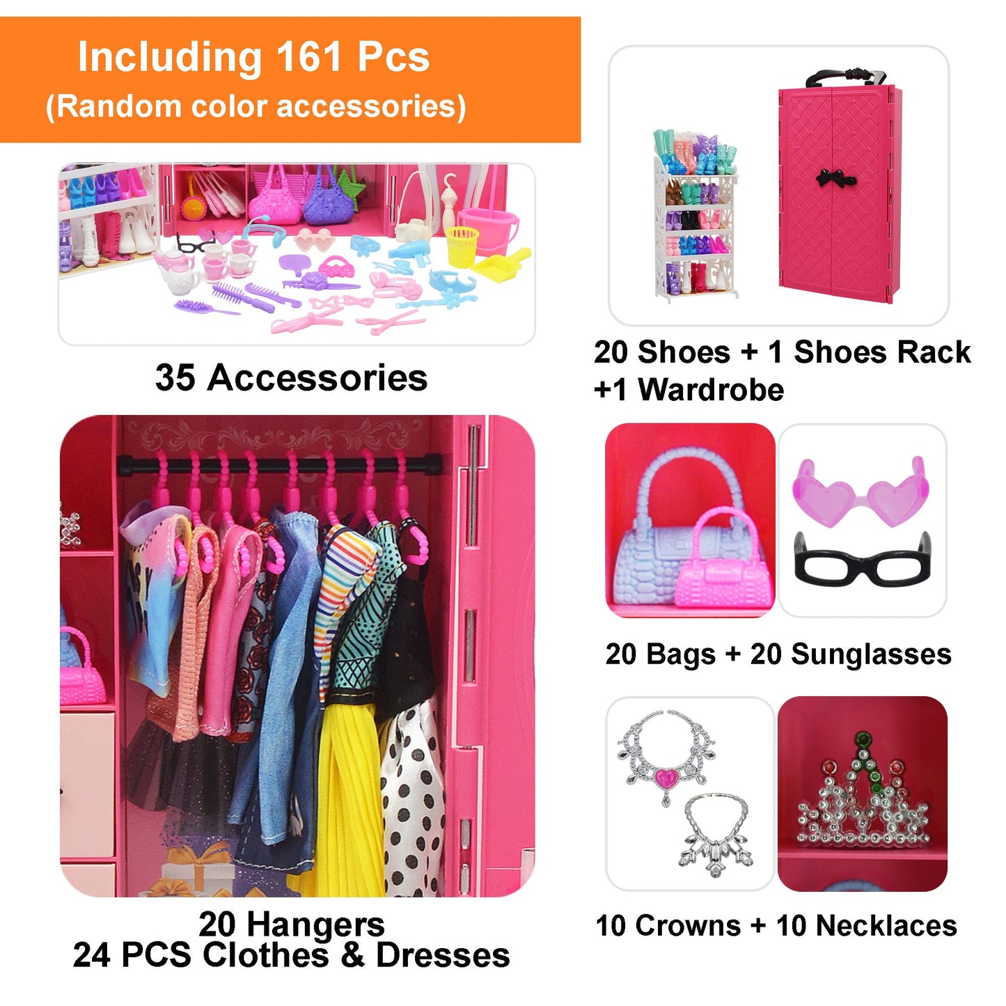 Nokutip 161 Pcs 11.5 Inch Girl Doll Closet Wardrobe With Clothes And Accessories Including Wardrobe Shoes Rack Clothes Dress Swi
