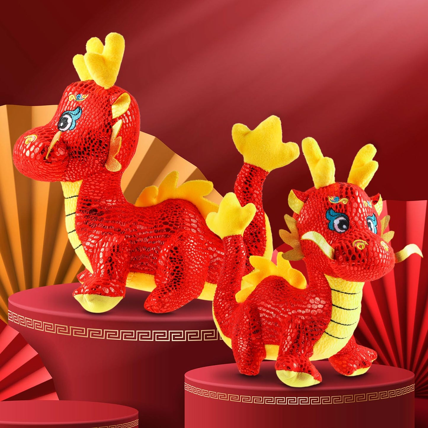 2 Pcs Chinese Dragon Plush 2025 Year Of The Dragon Stuffed Animal Plush Chinese New Year Plush Decoration Mascot Doll Plushies For Spring Festival Bedtime Gift Bed Rest Chair Table Decoration(Lucky)