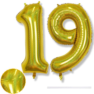 19Th Birthday Laser Gold Balloons, Large Foil Number 19 Balloons For Women Graduation Decor, 40 Inch Self Inflating Globos Dorad