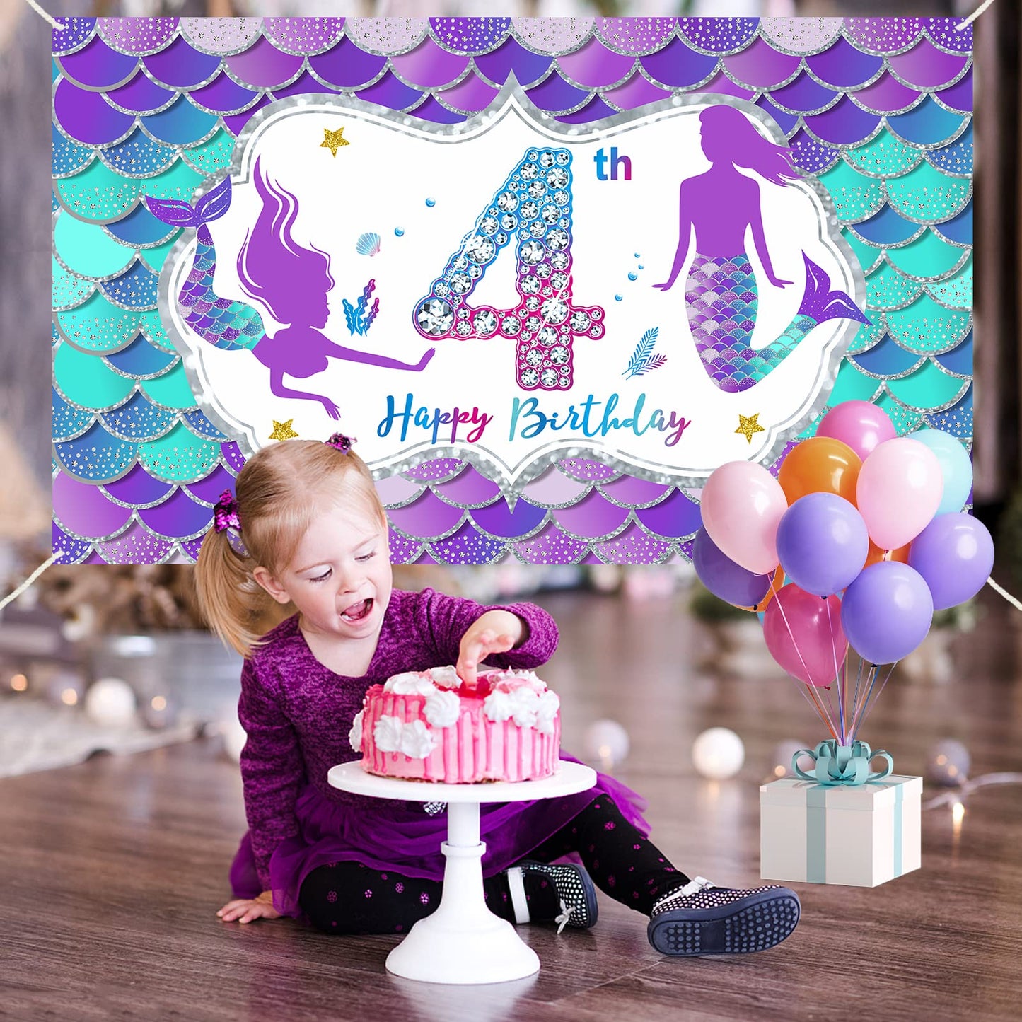 Mermaid 4Th Birthday Banner Decorations For Girls, Little Mermaid Themed Happy 4 Year Old Birthday Background Party Supplies, Un