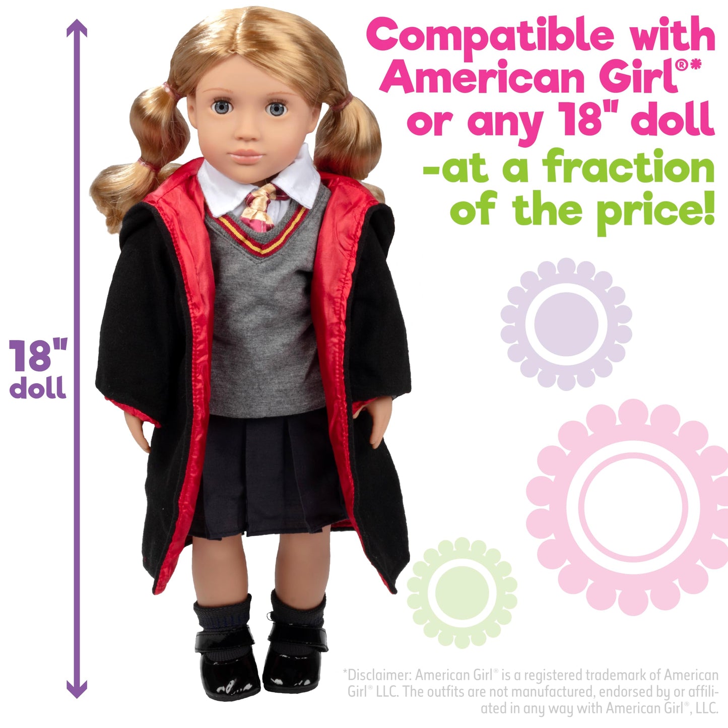 9Pc Hermione Granger Inspired Outfit- 18' Doll Clothes & Accessories Compatible W American Girl Dolls- School Uniform Set Includes Shirt, Skirt, Sweater, Tie, Socks, Robe, & Shoes- Gift Set For Girls