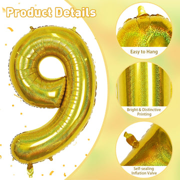 Laser Gold Number 9 Balloons, Giant Foil Balloons 0-9 Set For Women Anniversary Party Decor, Self Inflating Globos Dorados Heliu