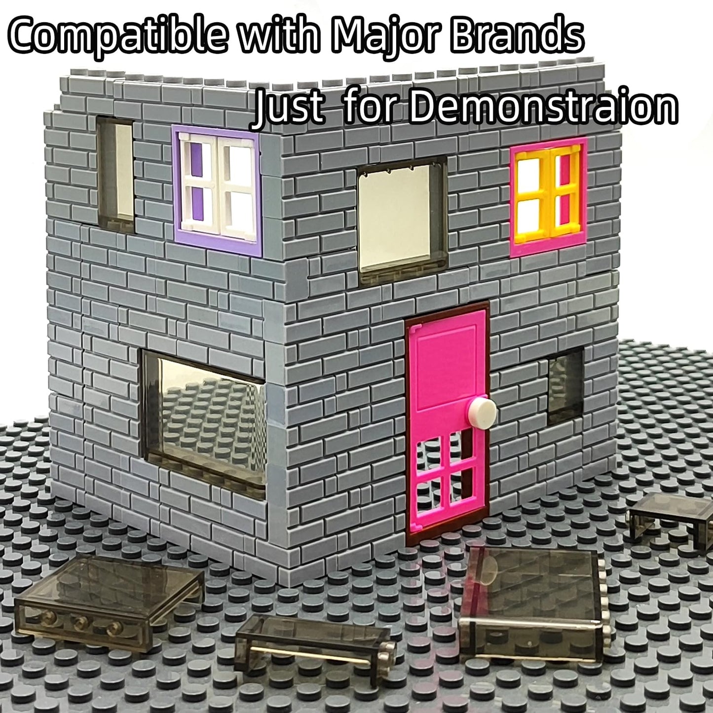 Zhx 72Pcs Clear Transparent Window House Building Brick Toy Classic Flat Plates Pieces And Parts Block Compatible With Major Brands (Black Mix)