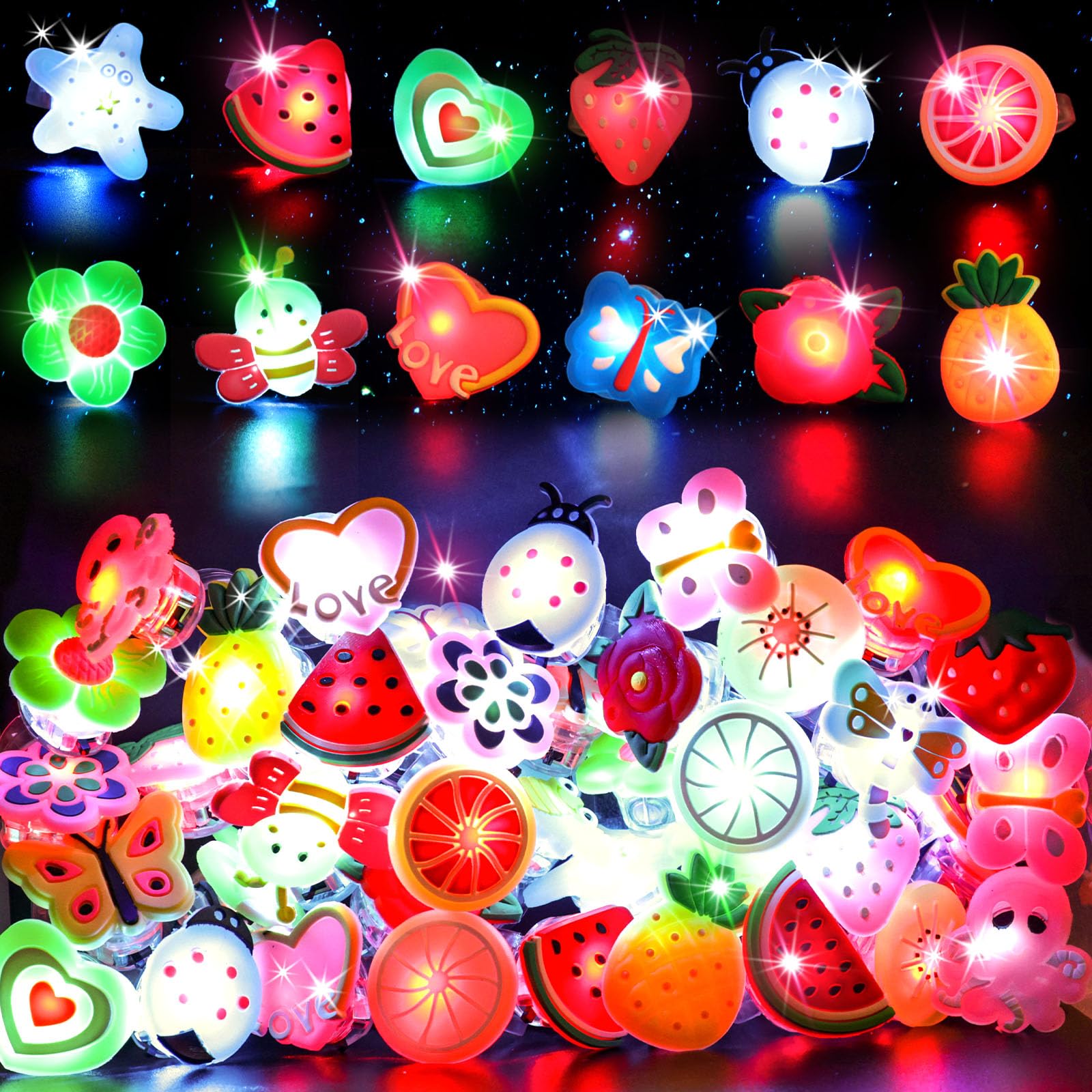 LovesTown 50PCS LED Light up Rings, Light up Toys for Kids Glow in the Dark Party Supplies Flashing for Christmas Birthday Party