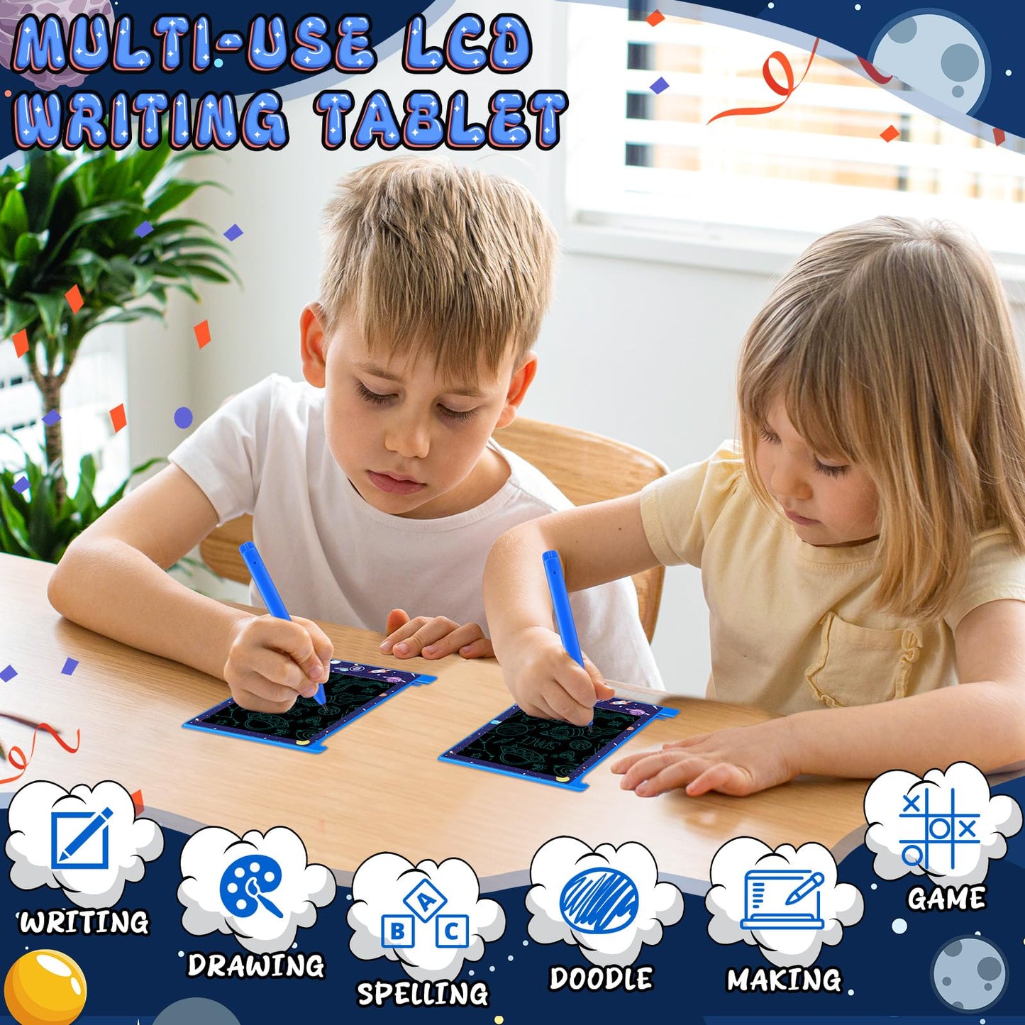 Nezyo 24 Pack Space Party Favors, 4.6 Mini LCD Writing Tablet for Kids, Space Checked Board Drawing Tablet Erasable Reusable E