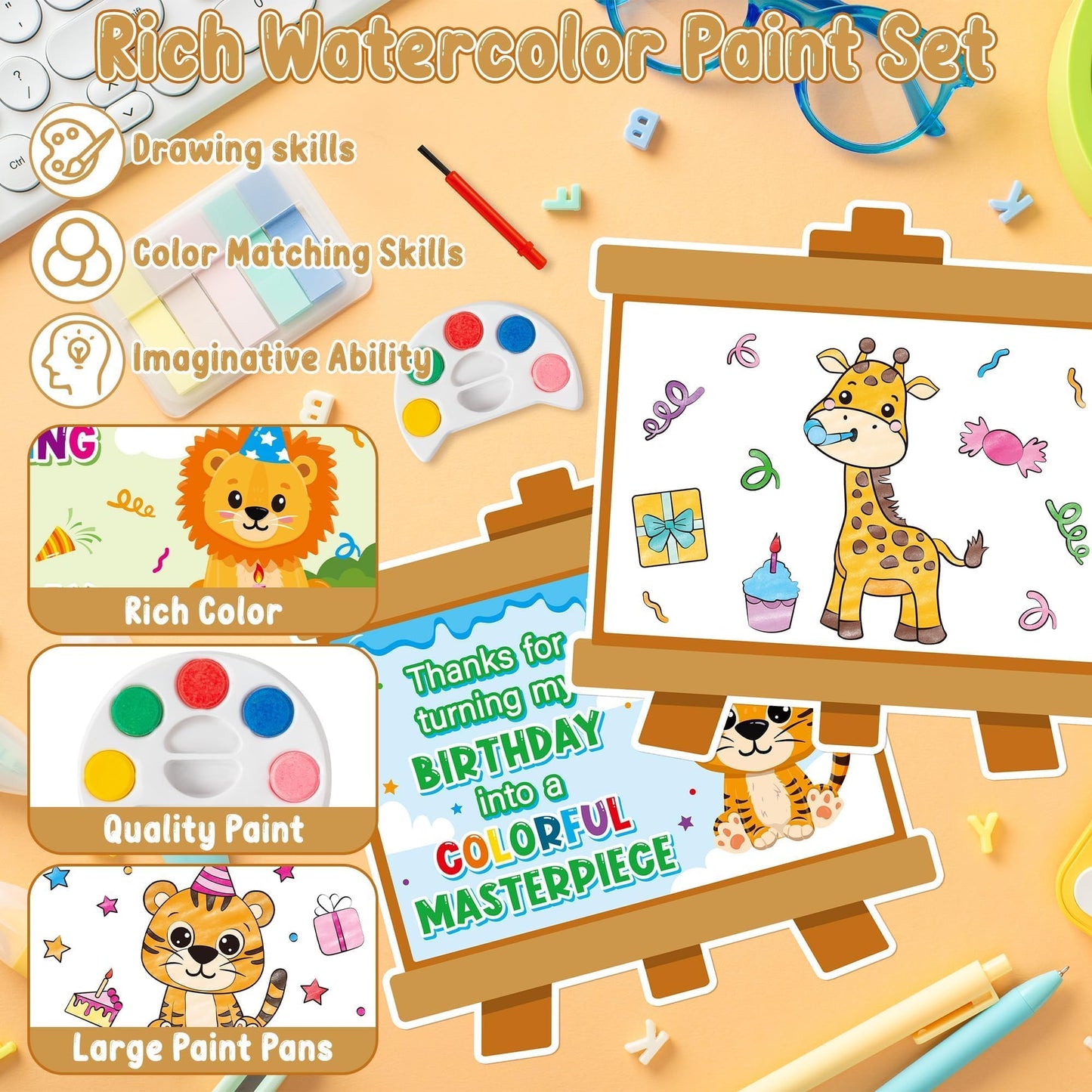 Mini Watercolor Paint Set - 24 Pack Wild Jungle Animals Watercolor Paint Cards, Forest Animals DIY Craft Kit Bulk for Kids Chris