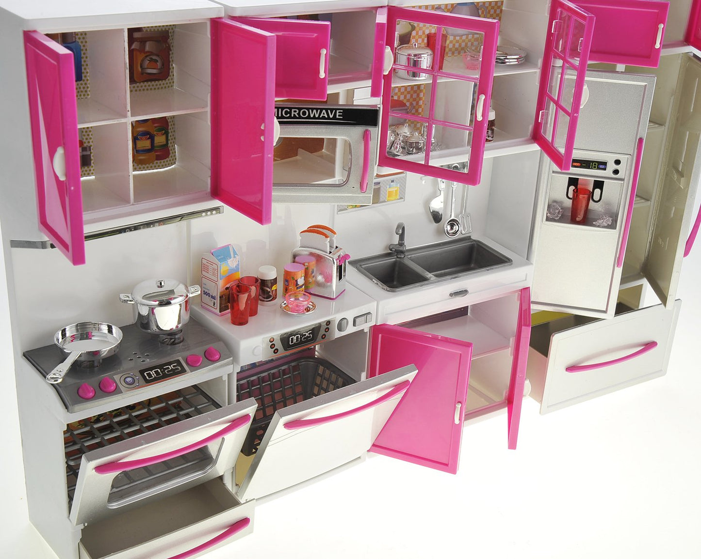 PowerTRC Doll Kitchen Play Set, Mini Modern Toy Pink Kitchen Pretend Furnitures Toy Set Accessories Set with Realistic Light & S