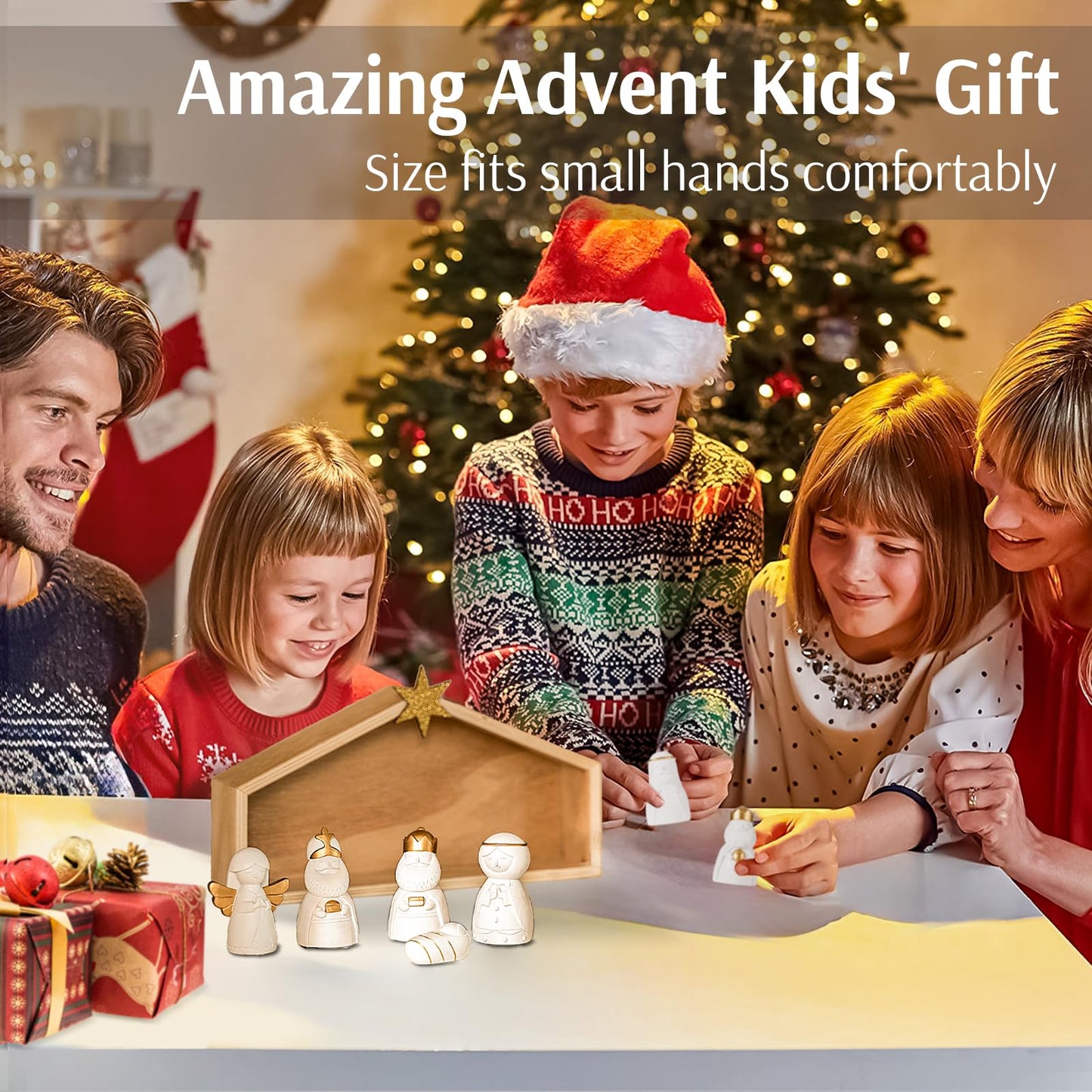Wds Wondrous Christmas Nativity Set-8Pcs White And Gold Mini Nativity Figures Modern Holy Family Scene, Resin And Wood Religious