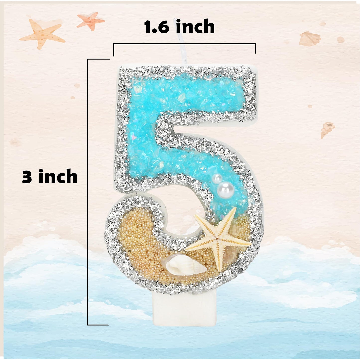 ElekFX Birthday Candle - Number 15, White Wax Cake Topper, 2.76 inch, Beach Starfish Sequins Decoration for Birthday Parties