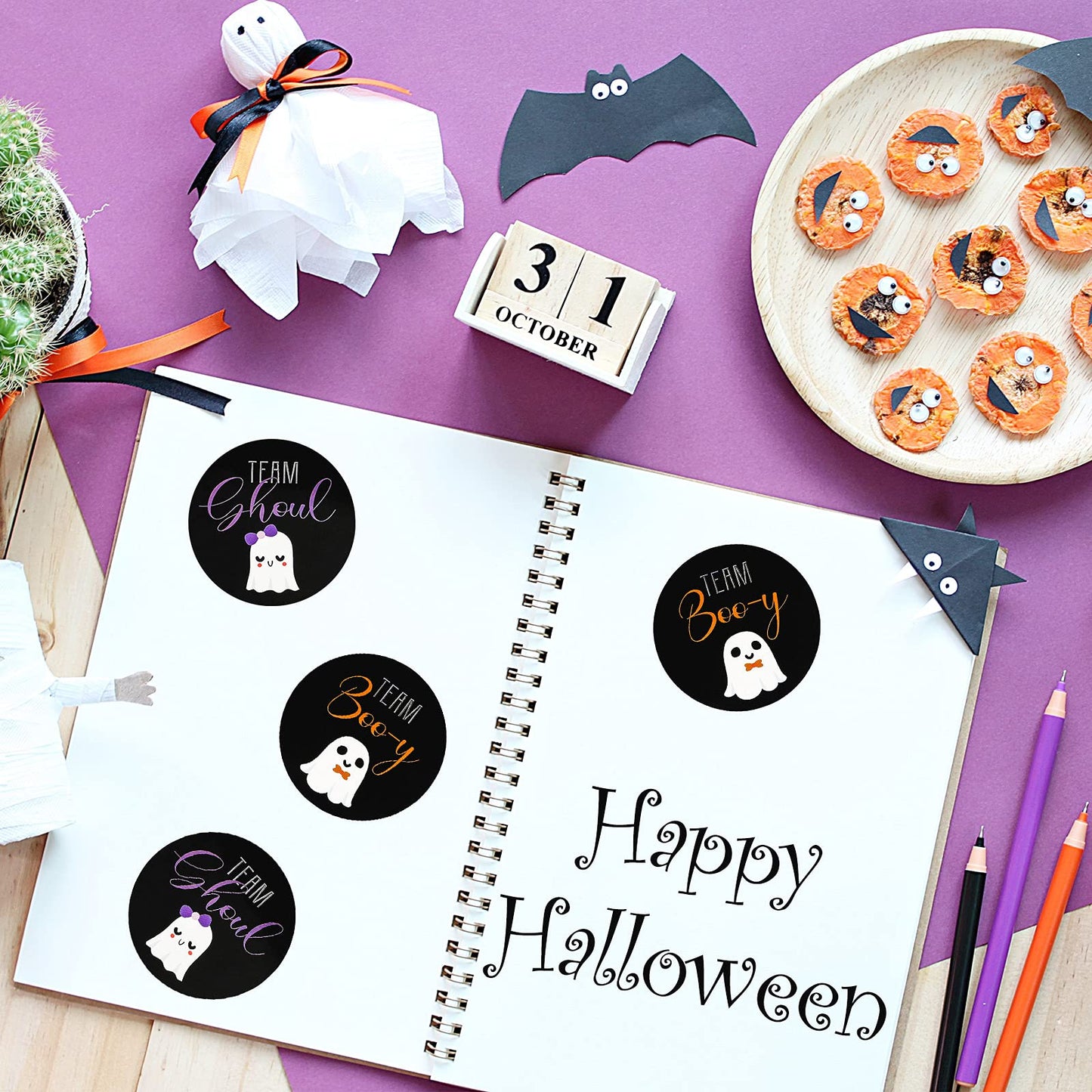 60 Pieces Halloween Gender Reveal Stickers Round Stickers Halloween Theme Stickers Halloween Decoration Stickers For Halloween Party Bottles Laptop Mobile Phone Decor 2 Styles(Ghost)