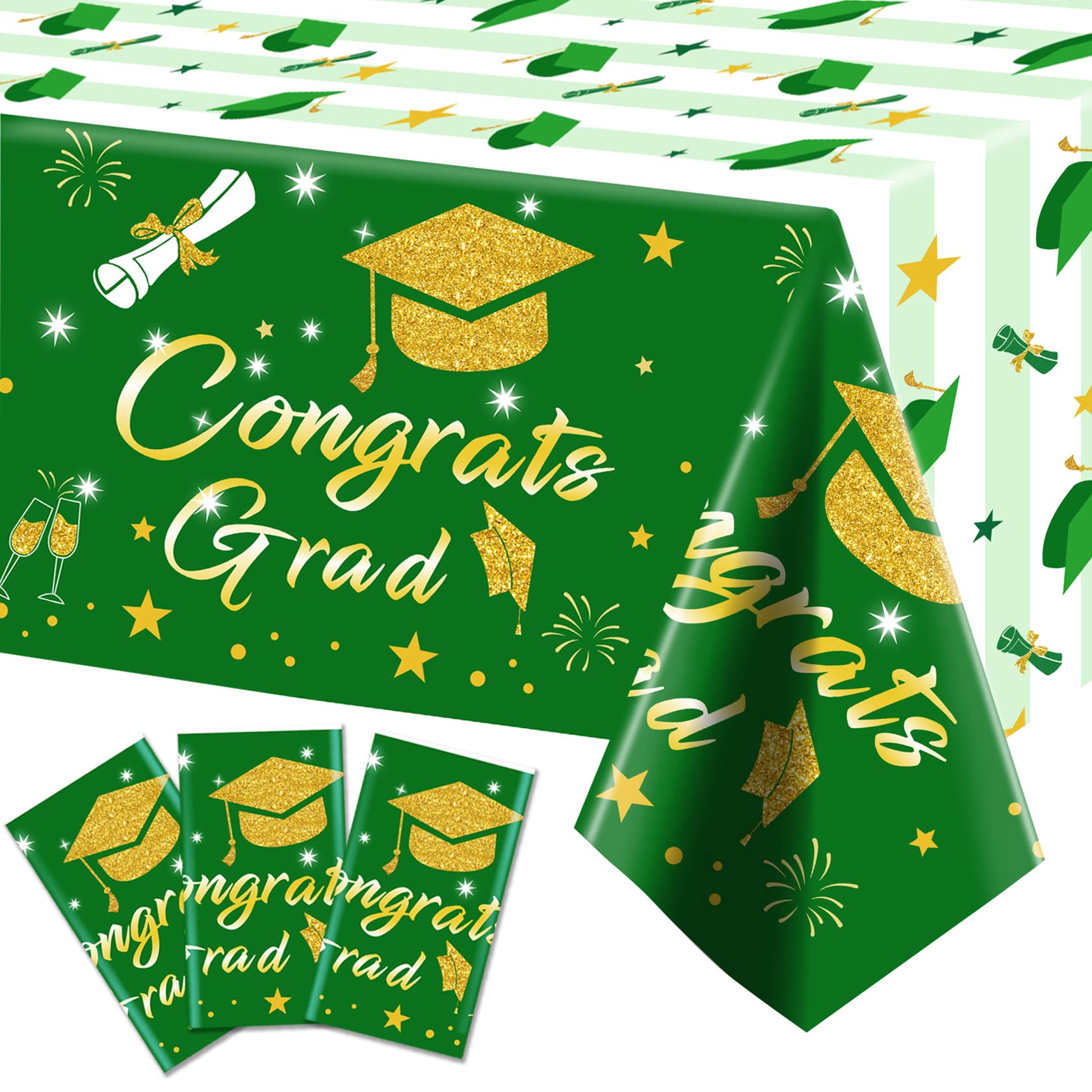Graduation Tablecloth Party Decorations 2025, 3 Pack Green Large Size 54x108 Congrats Grad Disposable Rectangle Table Covers Pla