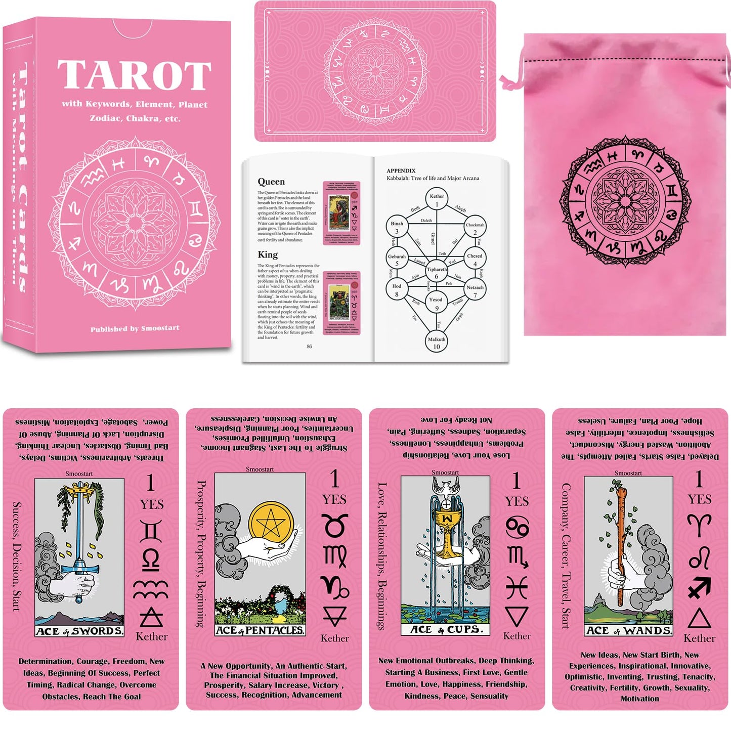 Smoostart Tarot Cards for Beginners with Meanings on Cards - Includes enhanced Velvet Storage Bag & Guide Book - 450GSM Thicker Cards
