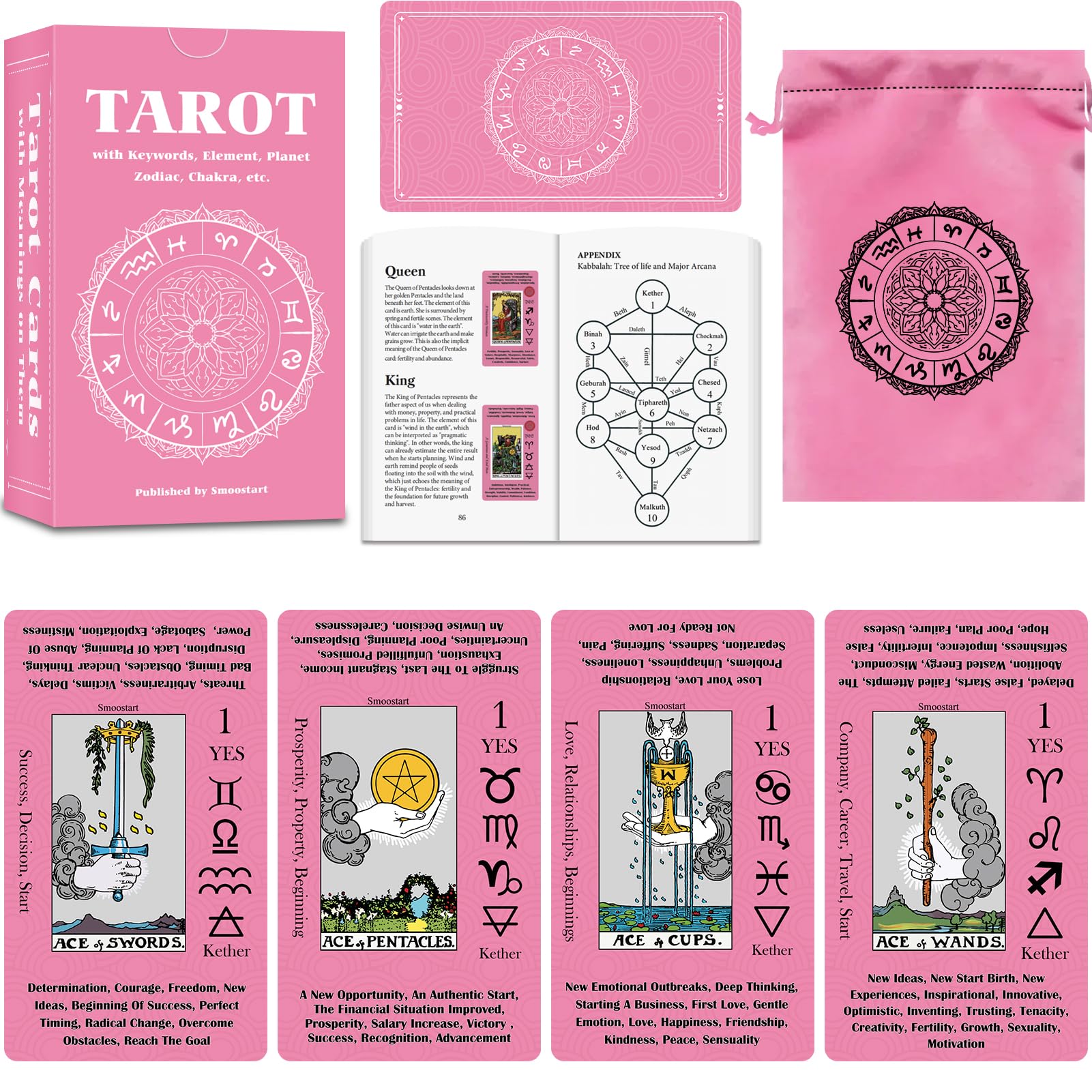 Smoostart Tarot Cards for Beginners with Meanings on Cards - Includes enhanced Velvet Storage Bag & Guide Book - 450GSM Thicker Cards