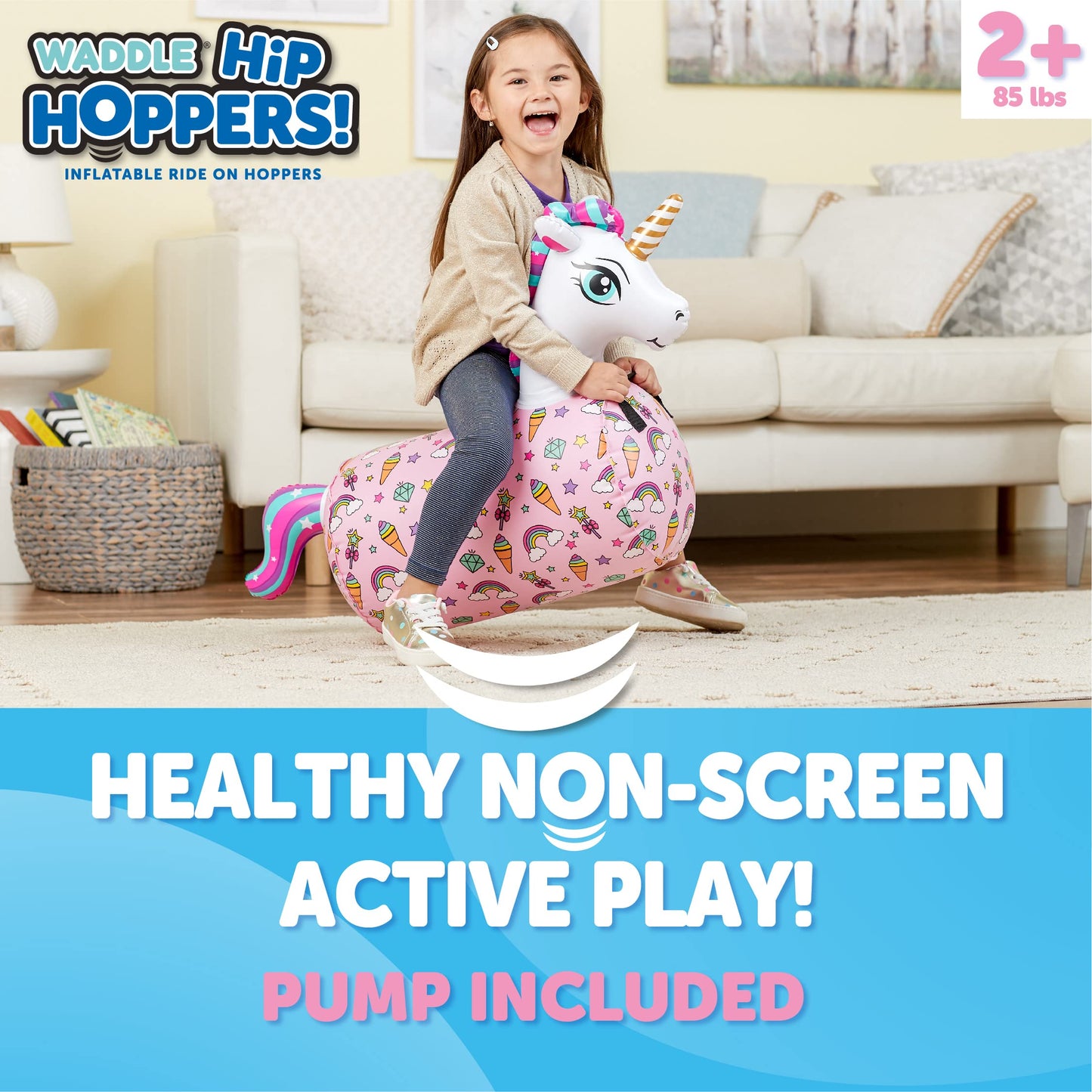 WADDLE Hip Hopper Inflatable Bouncer, Pink Unicorn, Supports Up to 85 lbs, Ages 2+, Model WD21428UN, Durable Plastic