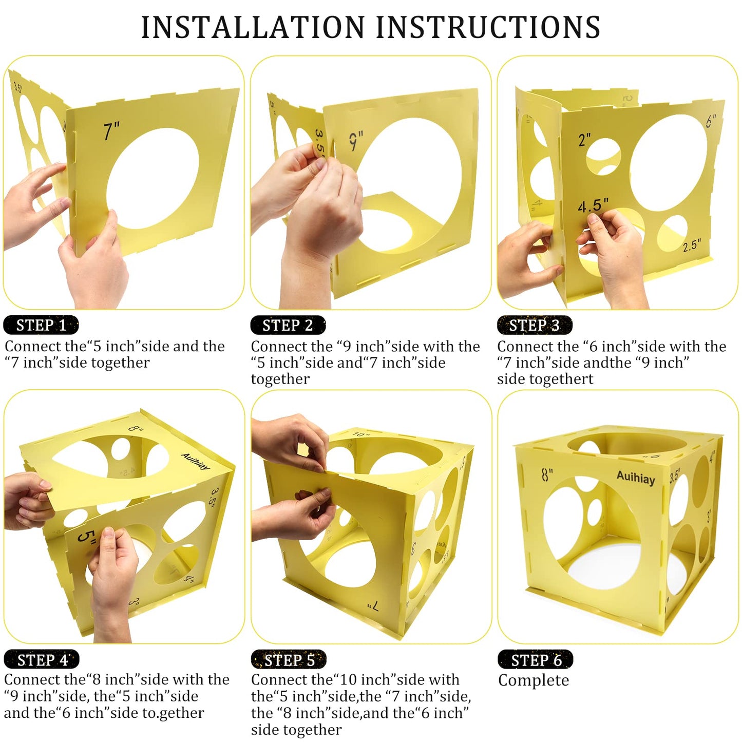 Auihiay 14 Holes Plastic Balloon Sizer Box Cube, Yellow Collapsible Balloon Size Measurement Tool For Balloon Arches, Balloon Towers, Balloon Columns And Balloon Decorations (1-10 Inch)