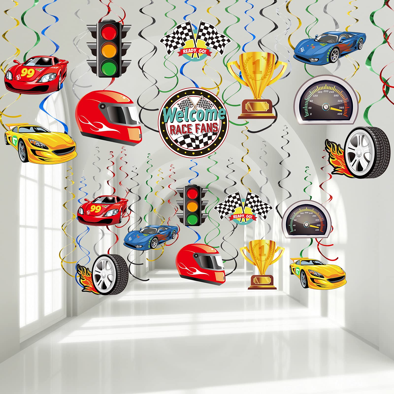 Containlol 30 Pieces Race Car Party Hanging Swirls Decorations, Checkered Flags Racing Birthday Party Foil Ceiling Decor for Kid