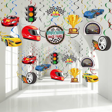 Containlol 30 Pieces Race Car Party Hanging Swirls Decorations, Checkered Flags Racing Birthday Party Foil Ceiling Decor for Kid
