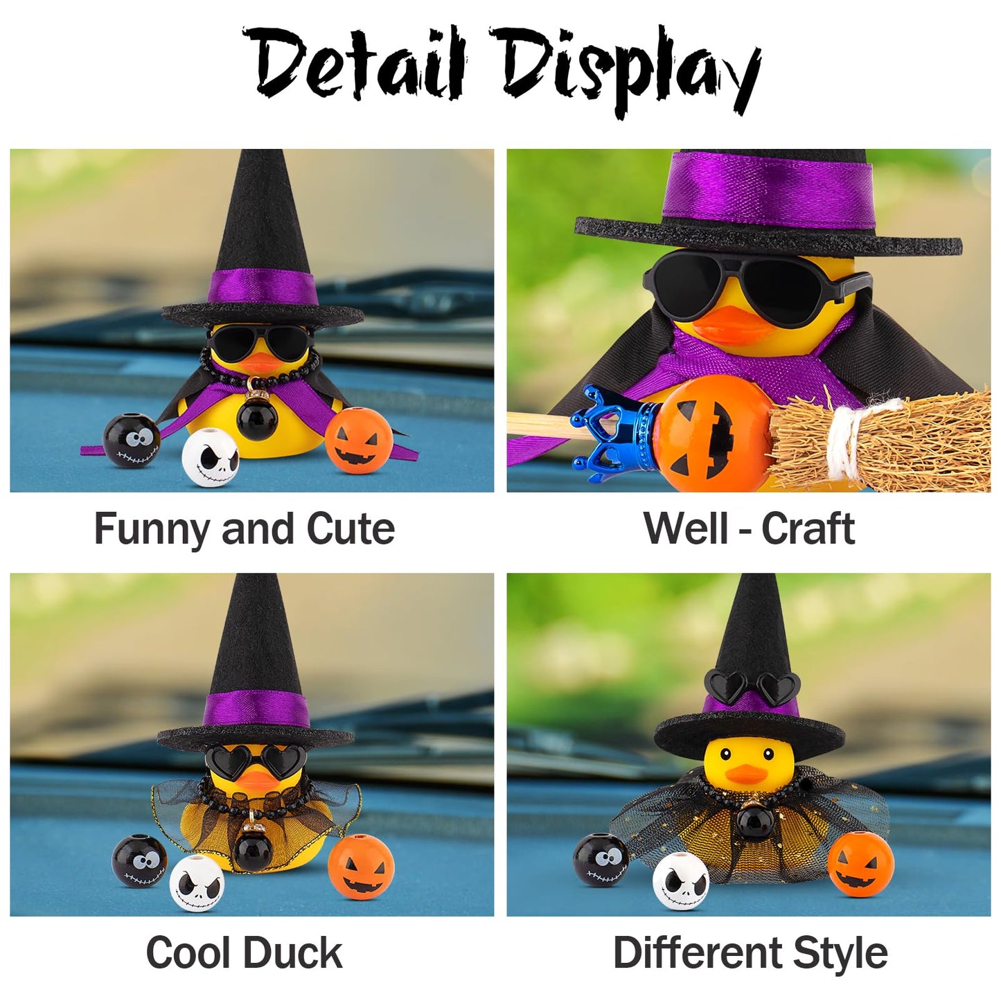 Wonuu Halloween Rubber Duck Witch Duck Car Decorations Halloween Accessories Witch Hat Pumpkin Skull And Cloak, Long Black Skirt