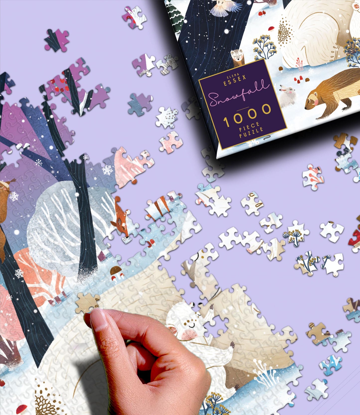 Elena Essex Puzzle - Snowfall | Christmas Puzzles 1000 Pieces | Puzzles For Adults 1000 Pieces | Holidays Snow Polar Bear Winter Animals Puzzle | Size 28X20 Inches