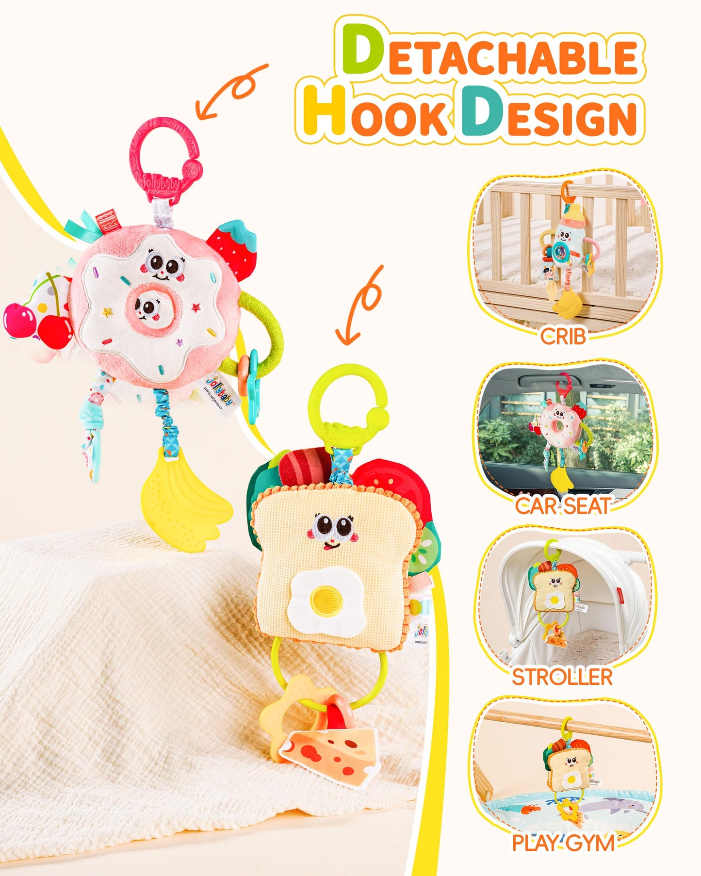 Jollybaby Baby Pull Vibration Toy - Tummy Time Sensory Hanging Toys for Car Seat  Stroller  Crib & Play Gym  with Babies Rattles & Teether  Air Travel Toys for Toddlers Gift- Toast