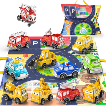 TEMI Toddler Pull Back Car Toys for 1 2 3 Year Old Boy Girl, 12 Pieces Baby Toy Cars with Play Mat/Storage Bag, Baby Toys 12-18