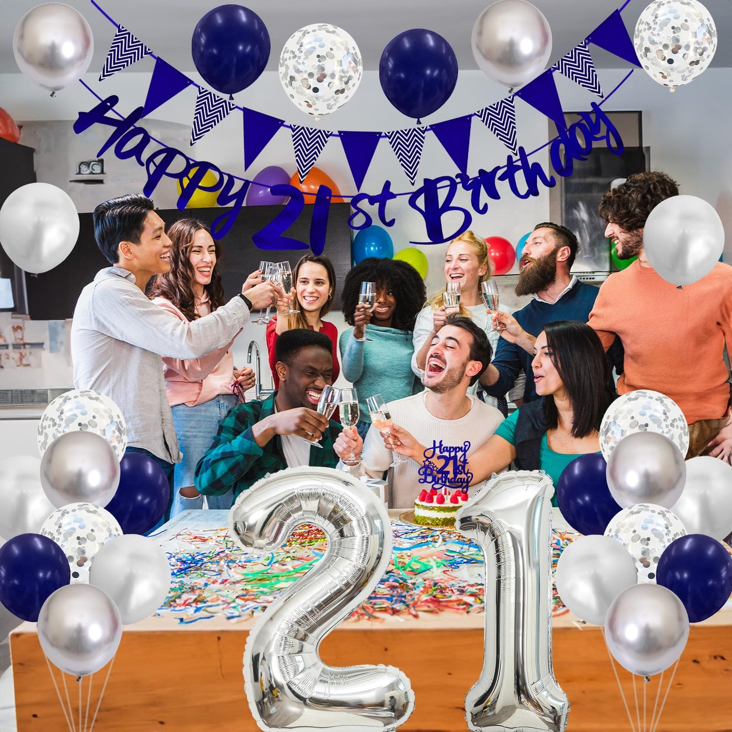 21St Birthday Decorations For Him, Blue Happy 21St Birthday Banner With Navy Blue Silver 21St Birthday Balloons 21 Birthday Cake