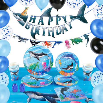 Wernnsai Ocean Party Supplies Set - 88 Pcs Under The Sea Party Tableware Set Ocean Themed Party Plates Napkins Tablecloth For 16 Guests Underwater Whale Party Decorations Birthday Baby Shwer Favors