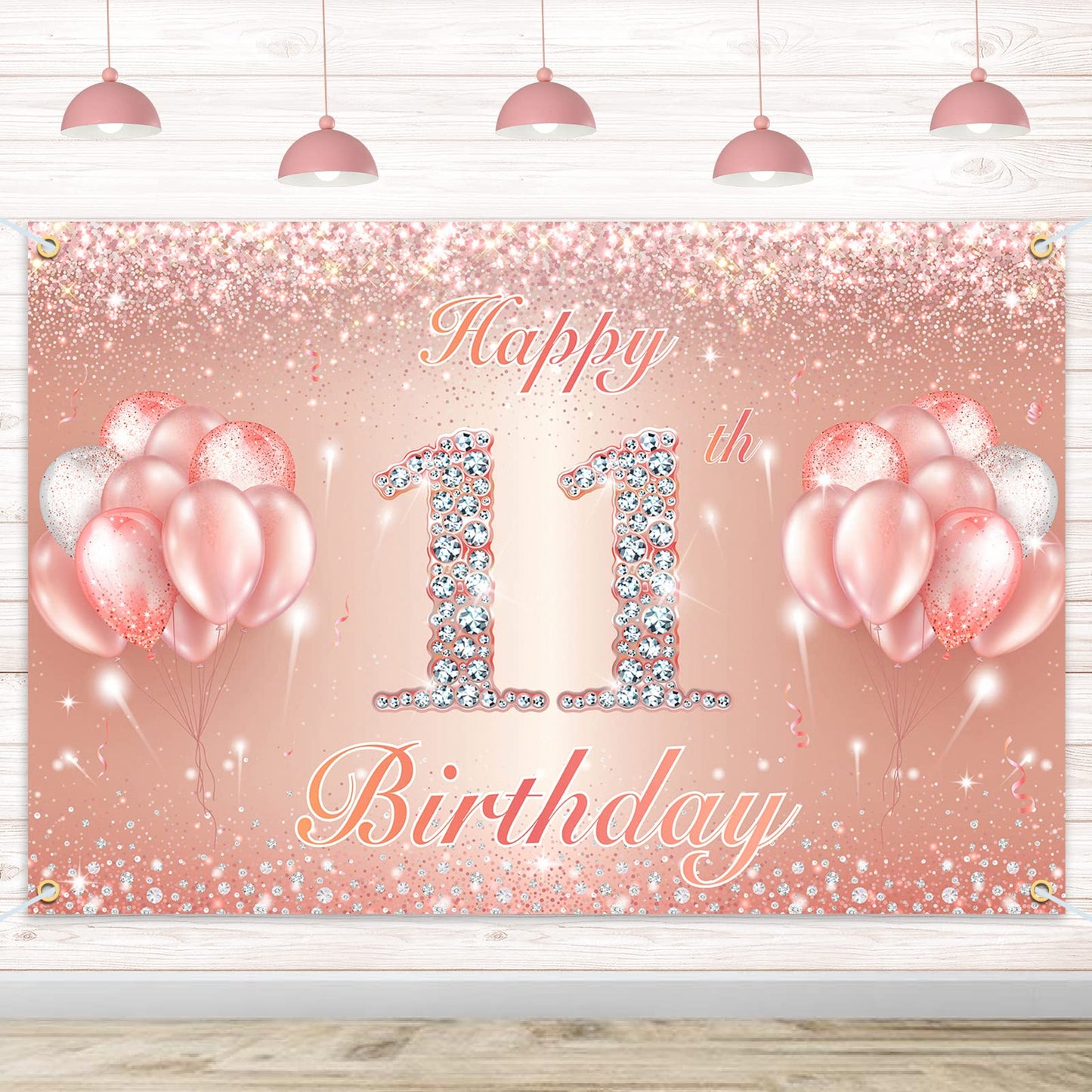 Happy 11Th Birthday Banner Backdrop - 11 Birthday Party Decorations Supplies For Girls Or Boys - Rose Gold 4 X 7Ft