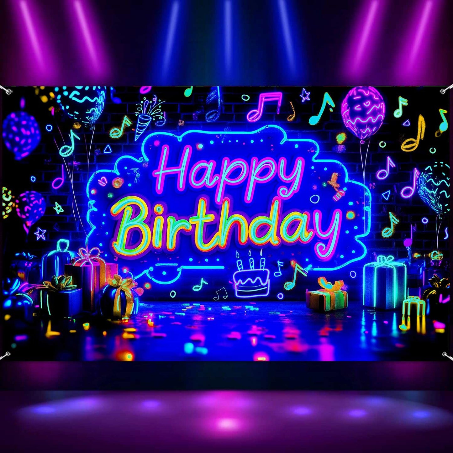 Neon Happy Birthday Party Banner Backdrop, Glow In The Dark Blacklight Birthday Large Banner Party Decorations Supplies, UV Reac