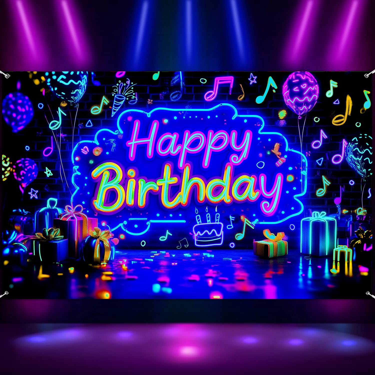 Neon Happy Birthday Party Banner Backdrop, Glow In The Dark Blacklight Birthday Large Banner Party Decorations Supplies, UV Reac