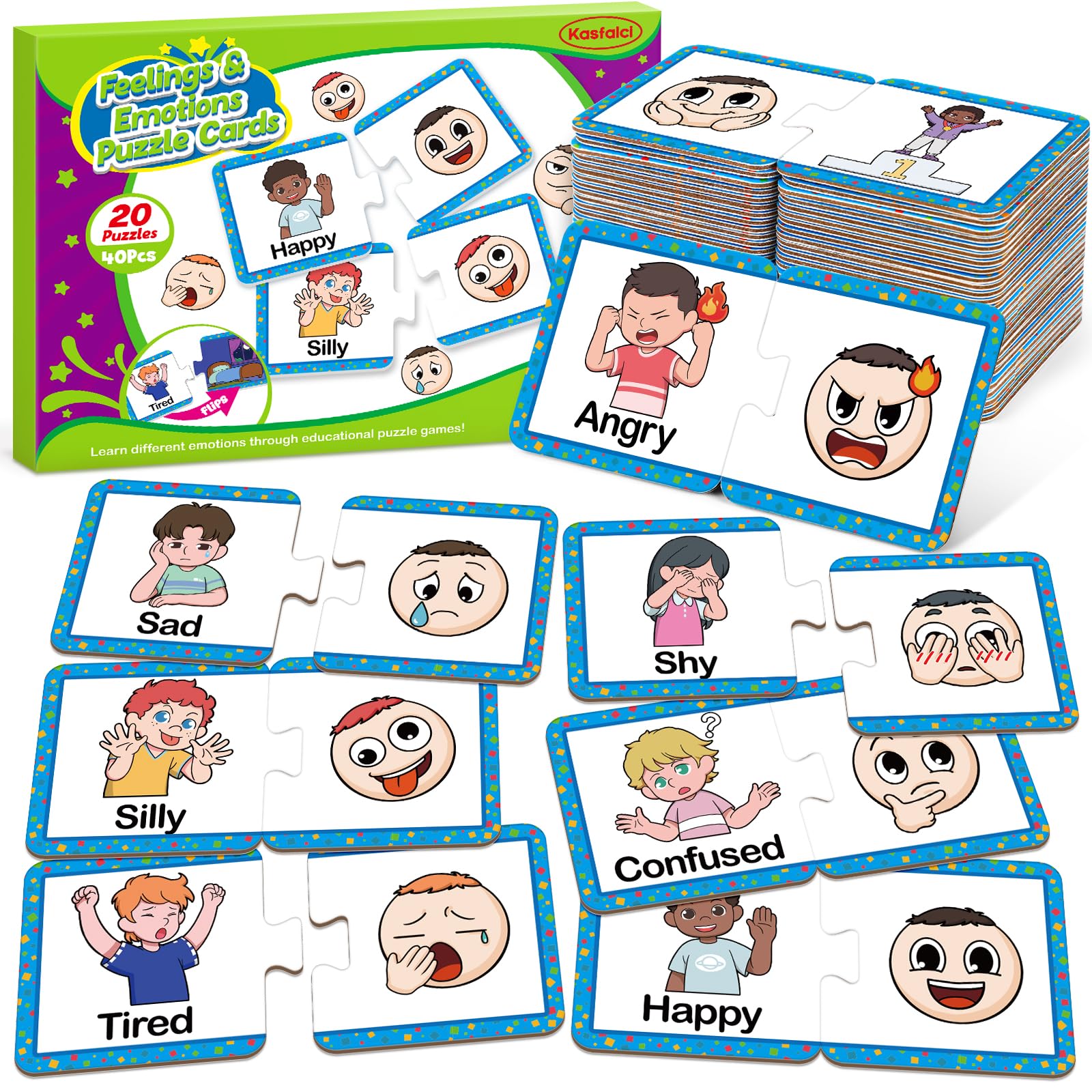 Kasfalci Feelings & Emotions Puzzle Cards,Feelings Chart Toys for Kids,Social Emotional Learning Activities,Speech Therapy Games