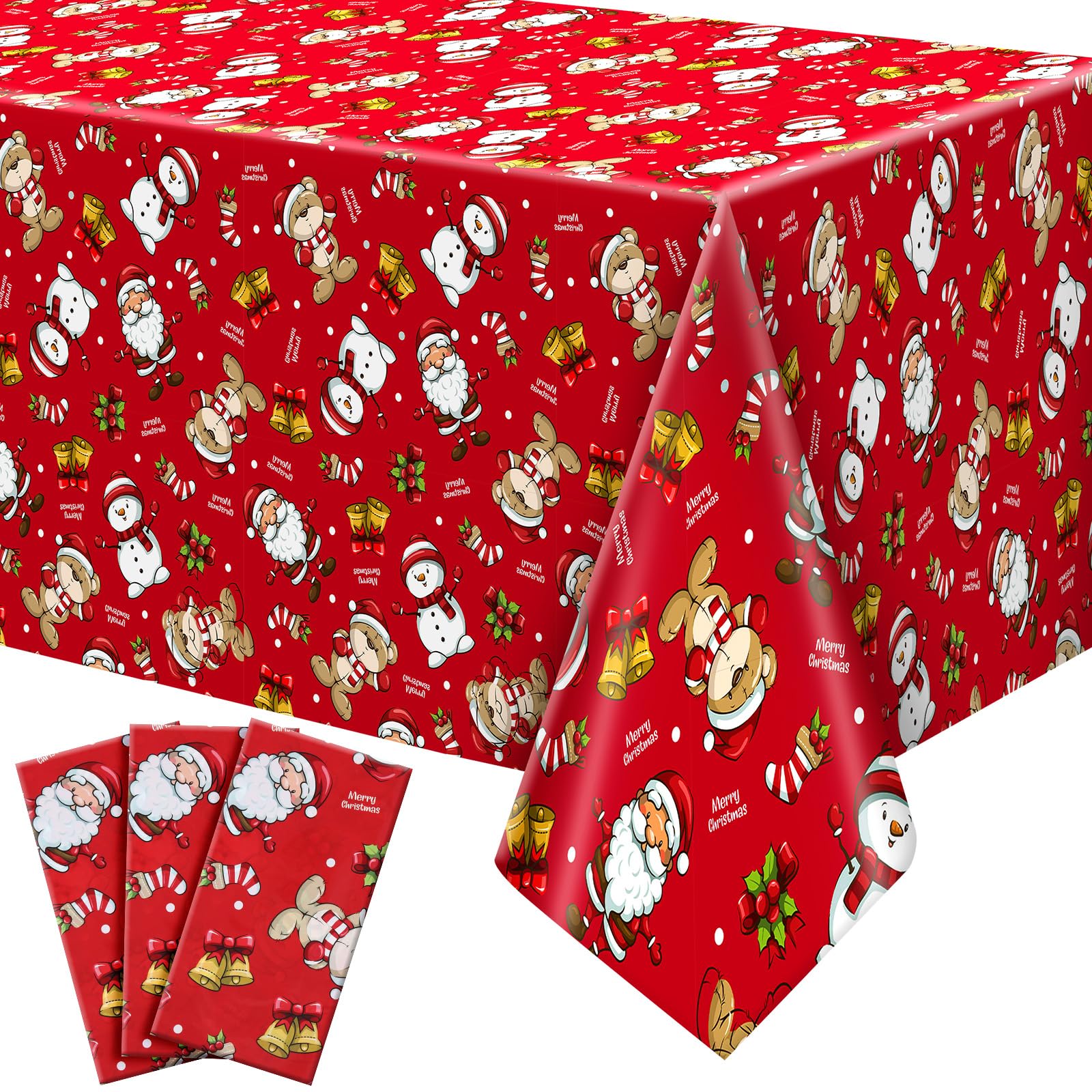 Newwiee 3 Pack Christmas Tablecloths 108 x 54 Inch Disposable Plastic Rectangle Table Cover Holiday Waterproof Tablecloth for Ch