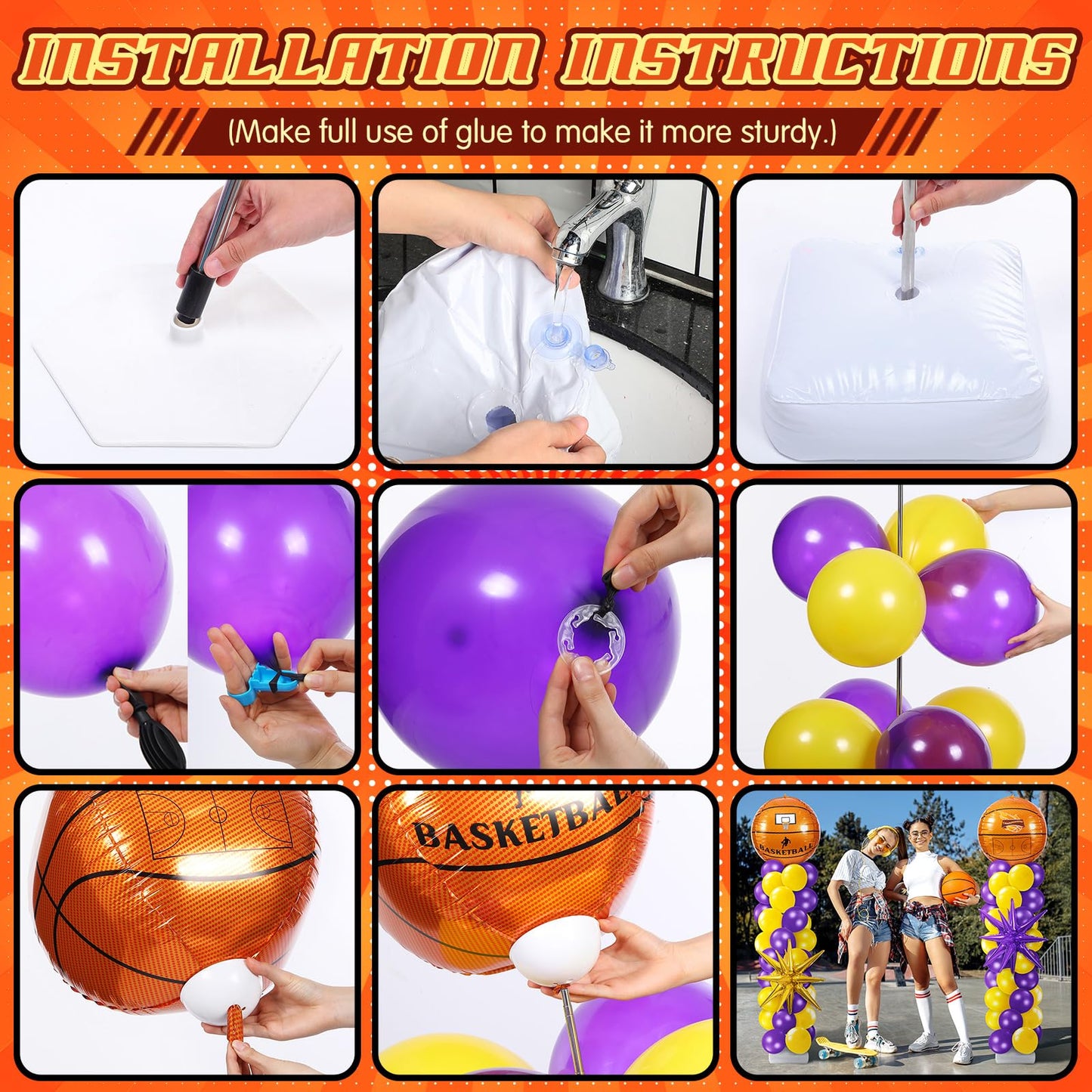 Kasyat Basketball Balloon Column Stand Kit - 4D Gold Purple Star Balloons, Yellow & Purple Arch, Model AU-Kasyat-1500