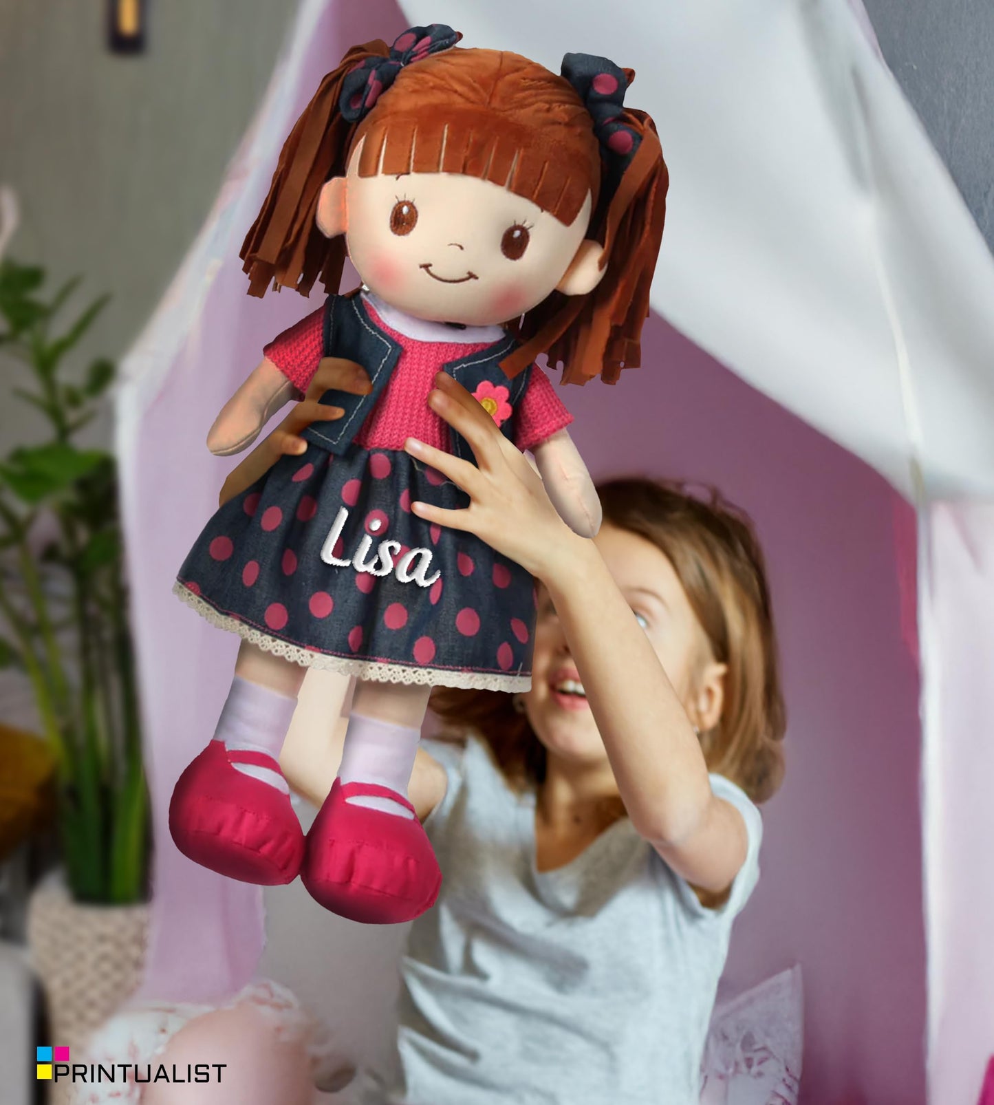 Personalized Rag Dolls for Girls - Custom 16 Inches Soft Plush Snuggle Baby Doll for Toddlers Stuffed Toys - Muecas de Trapo Personalizadas para Nias - Gray Striped Dress with Cardigan