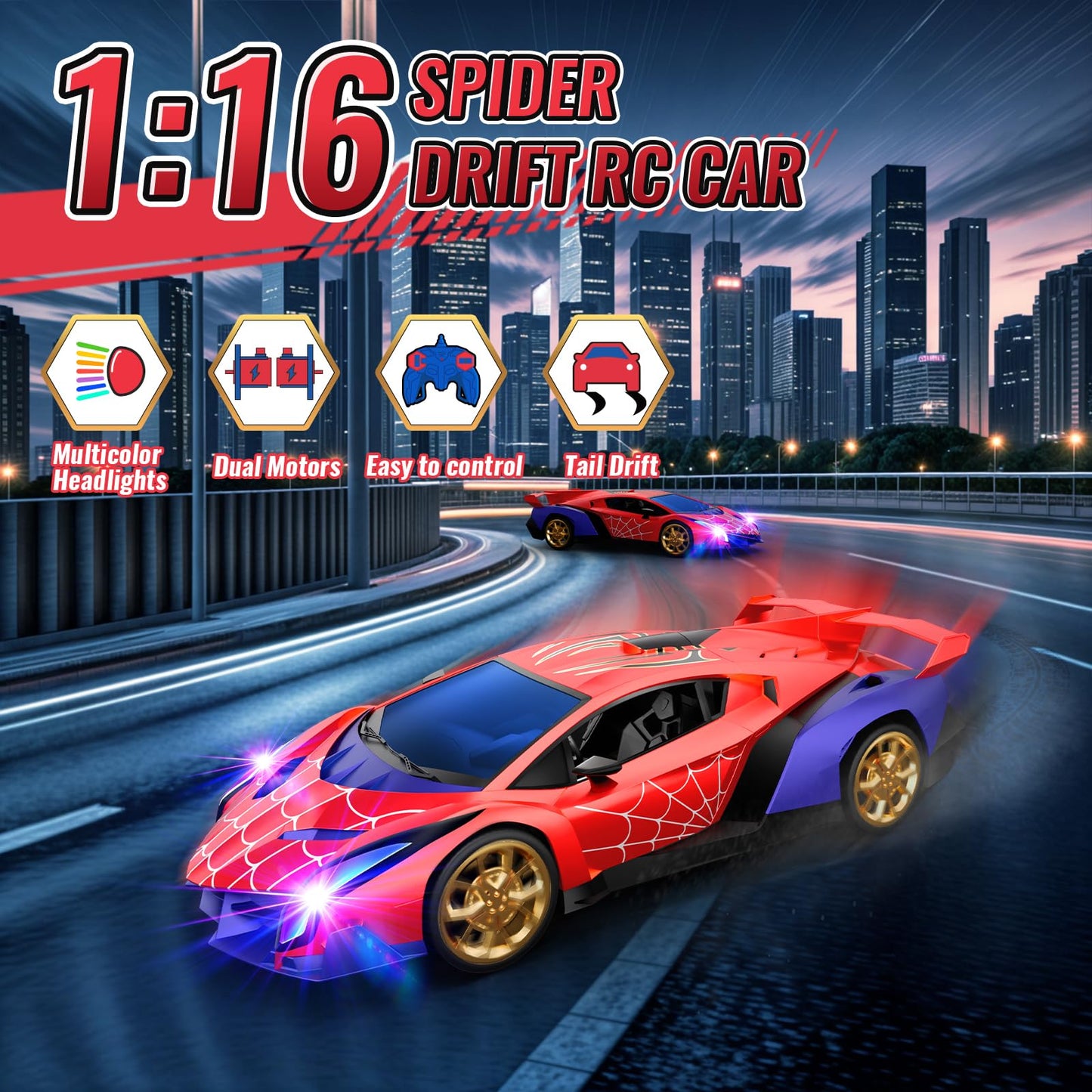 Spider Remote Control Car 1:16, 2.4Ghz Rc Cars Spider Toys Gifts For 3 4 5 6 7 8 9 10 Year Old Boys Kids, Electric Rechargeable