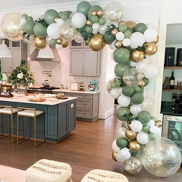 137Pcs Sage Green Balloon Garland Arch Kit White Gold Confetti Balloons Retro Green Balloon And Gold Metallic Chrome Latex Ballo