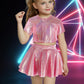 Happy Cherry 2Pcs Kids Girls Shiny Metallic Short Sleeve Crop Top With Pleated Skirt Set Dancewear Performance Costumes Rose Red