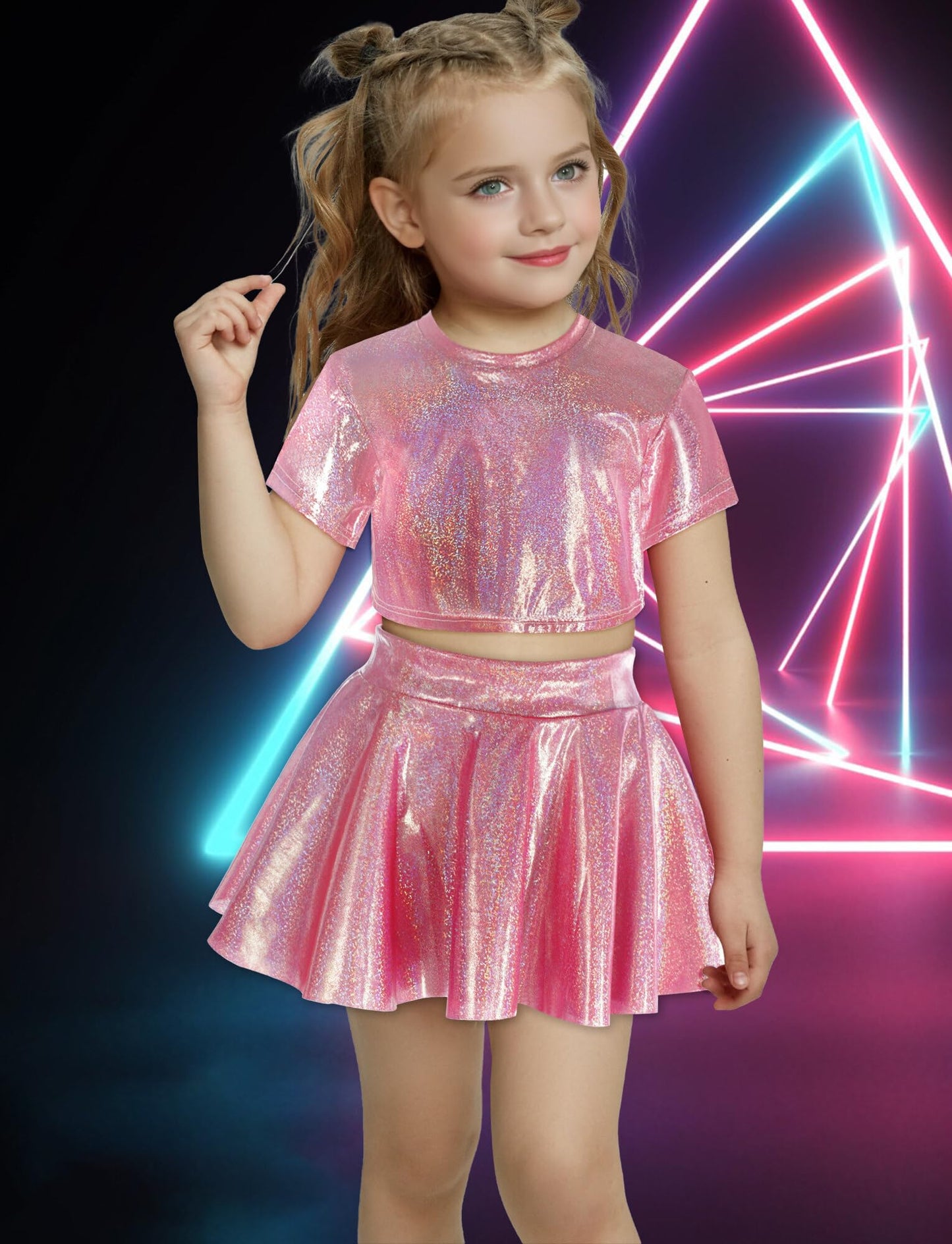 Happy Cherry 2Pcs Kids Girls Shiny Metallic Short Sleeve Crop Top With Pleated Skirt Set Dancewear Performance Costumes Rose Red