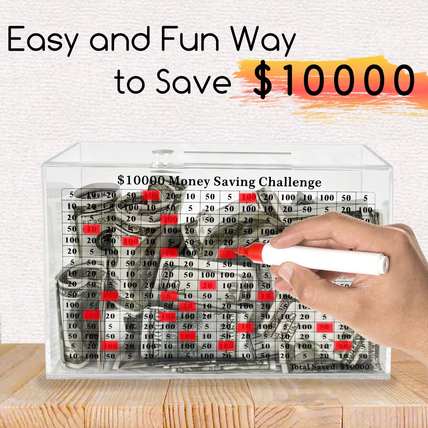 LingLingo 10K Smash Box, Clear Acrylic Unbreakable Piggy Bank for Adults, Money Saving Challenge Box for Cash Coin, Must Break t