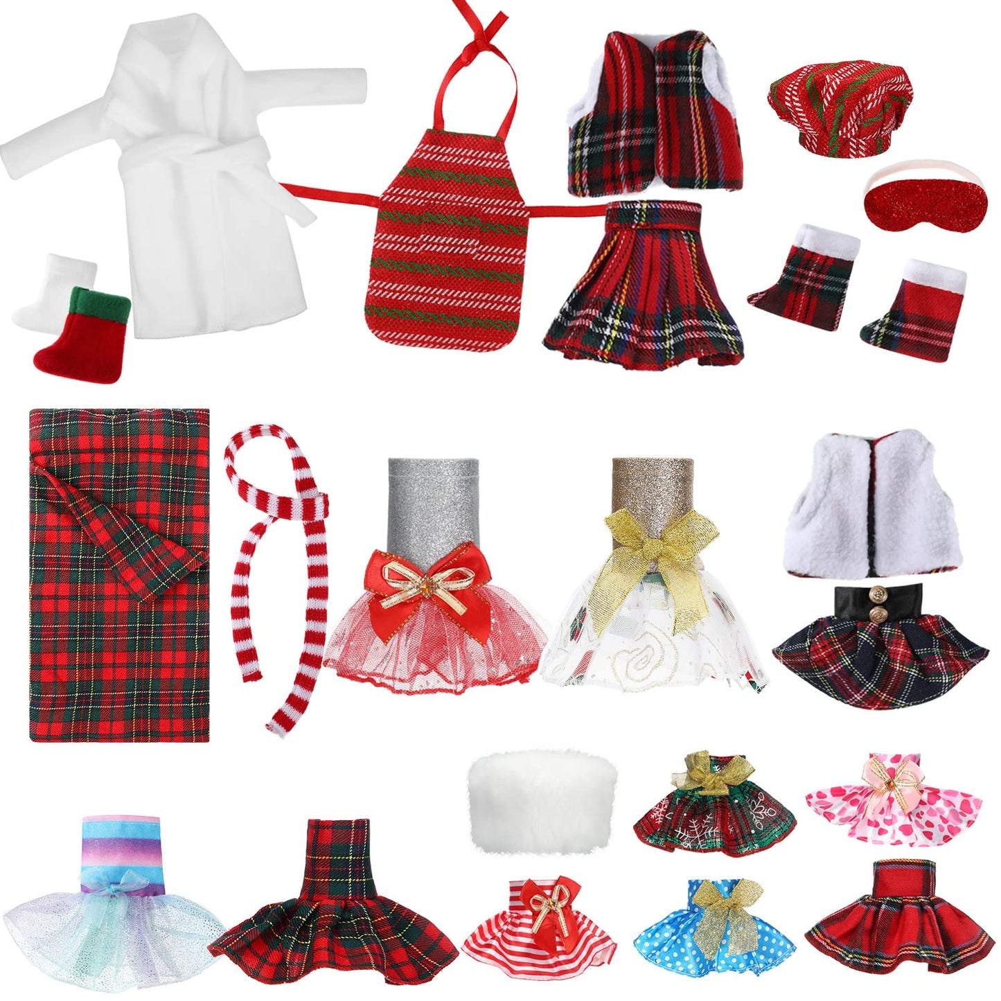 Jerify 24 Pcs Christmas Elf Doll Accessories Set Include Skirts White Bathrobe Plaid Sleeping Bag Fluffy Vest Scarf Stockings Eye Mask Glasses Kitchen Apron And Hat For Christmas Elf Doll Outfit