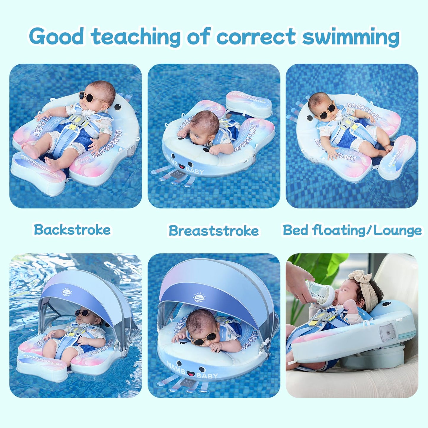 Mambobaby Float With Canopy Skin-Friendly Baby Swim Float With Tail Waterproof Non-Inflatable Mambo Float Smart Swim Trainer Sof