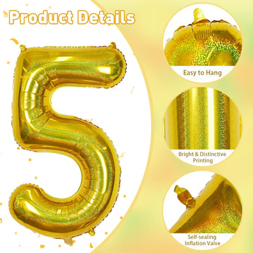 5 Balloons Number Laser Gold, 40 Inch Mylar Number 5 Balloons Self Inflating For Boys, Giant Foil Helium Iridescent Globos Dorad